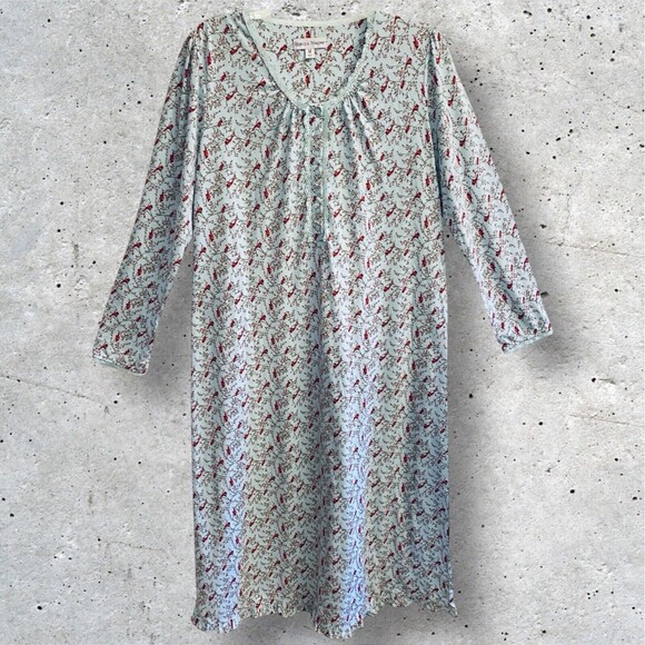 Rebecca Malone Women's Nightgown Medium Nightdress Lace & Button Red Robin Print - Picture 1 of 8